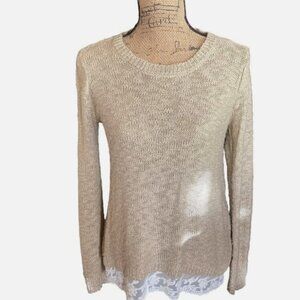 Pink Rose Lace Trim Tan Brown Open Knit Sweater Size XL
